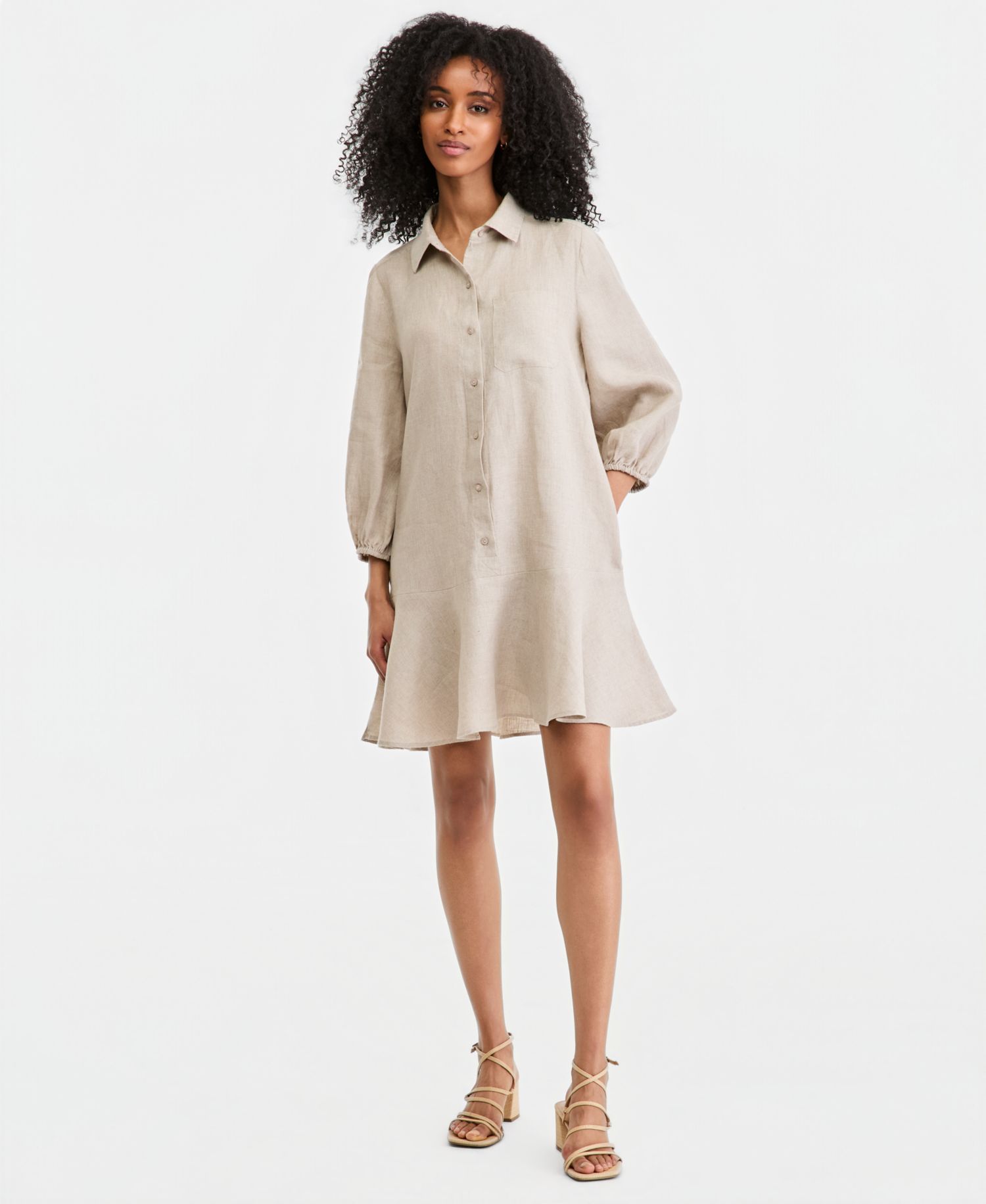 Plus Size 100% Linen Collared Flounce Dress