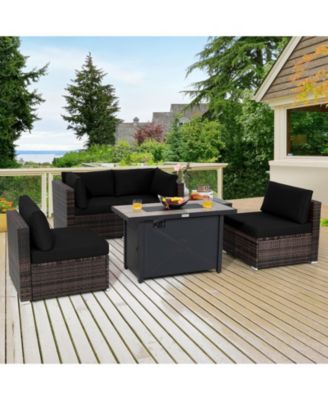 6PCS Patio Furniture Set Rattan Cushioned Sofa Gas Fire Pit Table