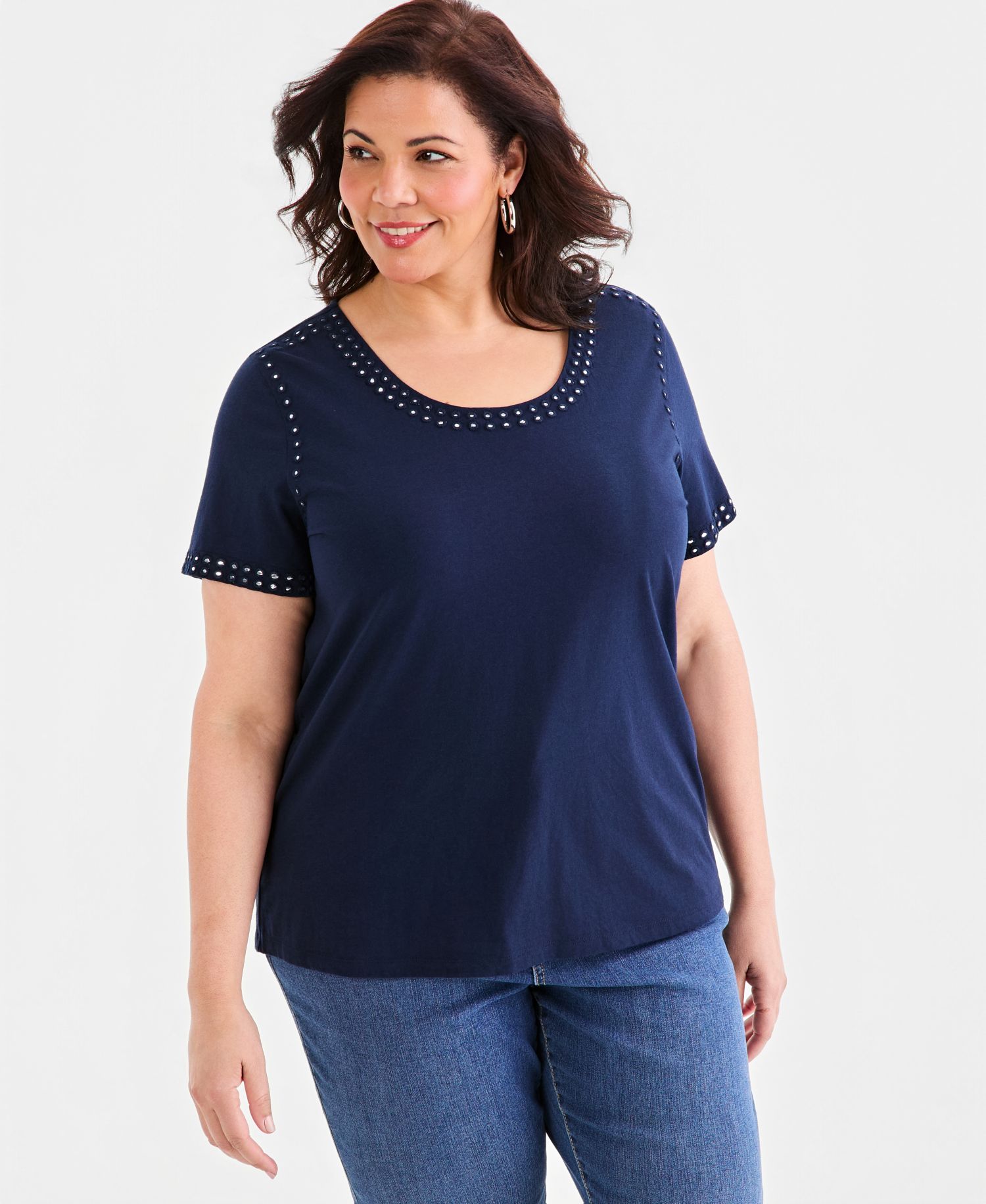 Plus Size Mirror-Trim Scoop-Neck Top