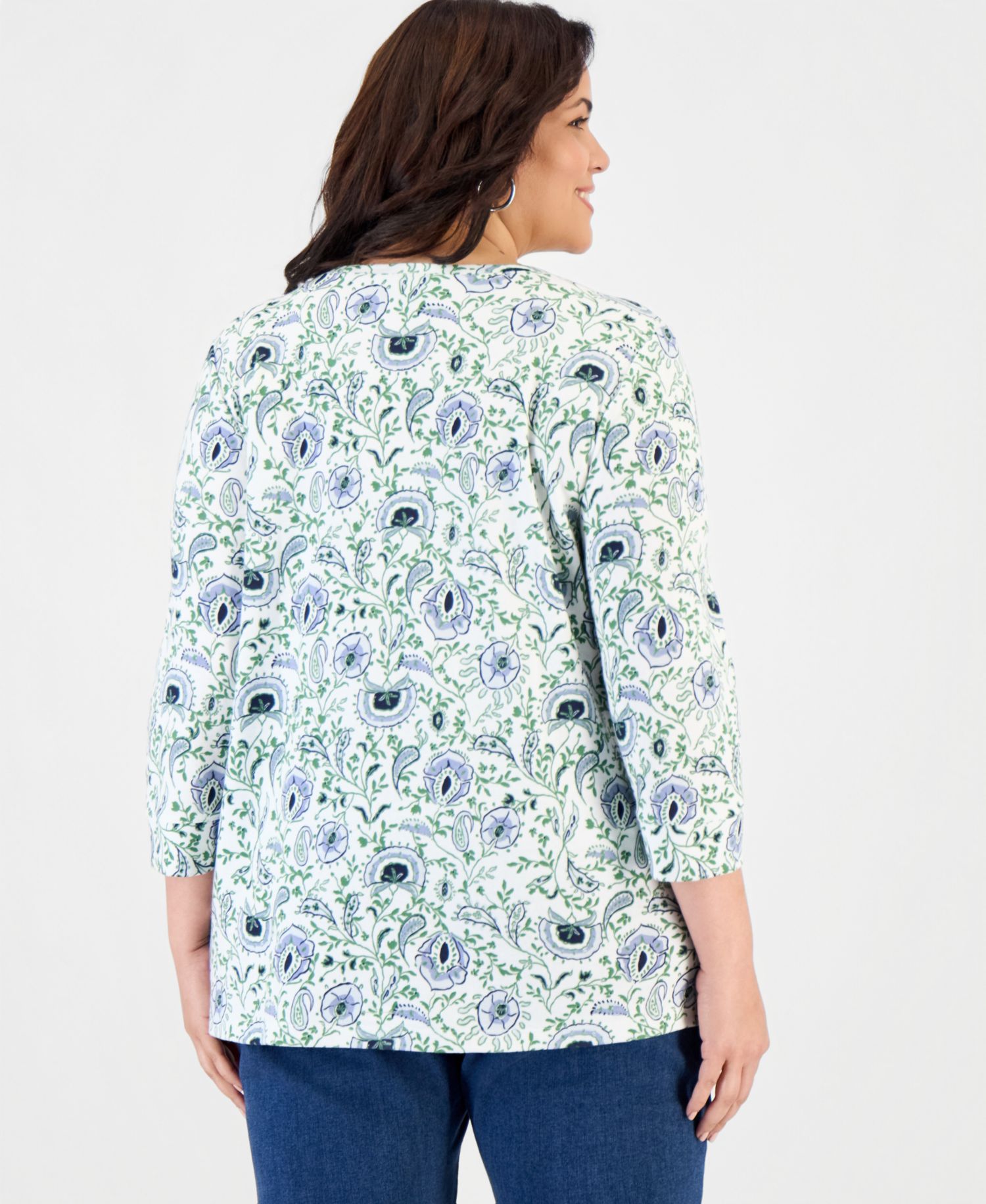 Plus Size Printed Button-Hem 3/4-Sleeve Tunic
