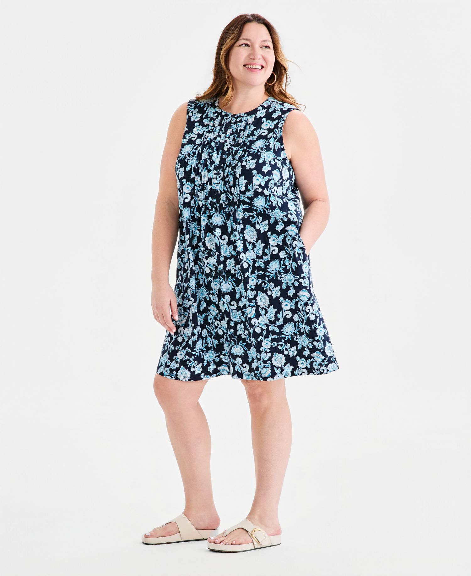 Petite Printed Pintucked Knit Dress