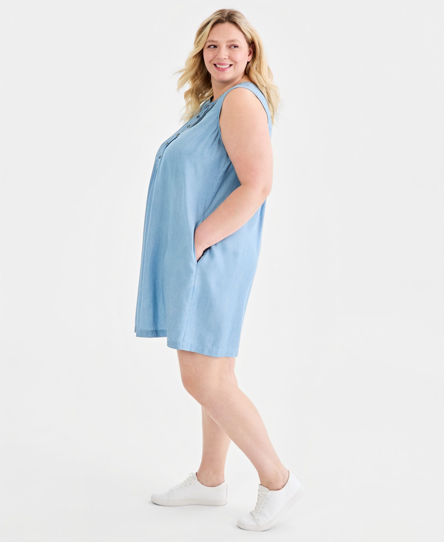 Plus Size Chambray Sleeveless Pintuck Dress