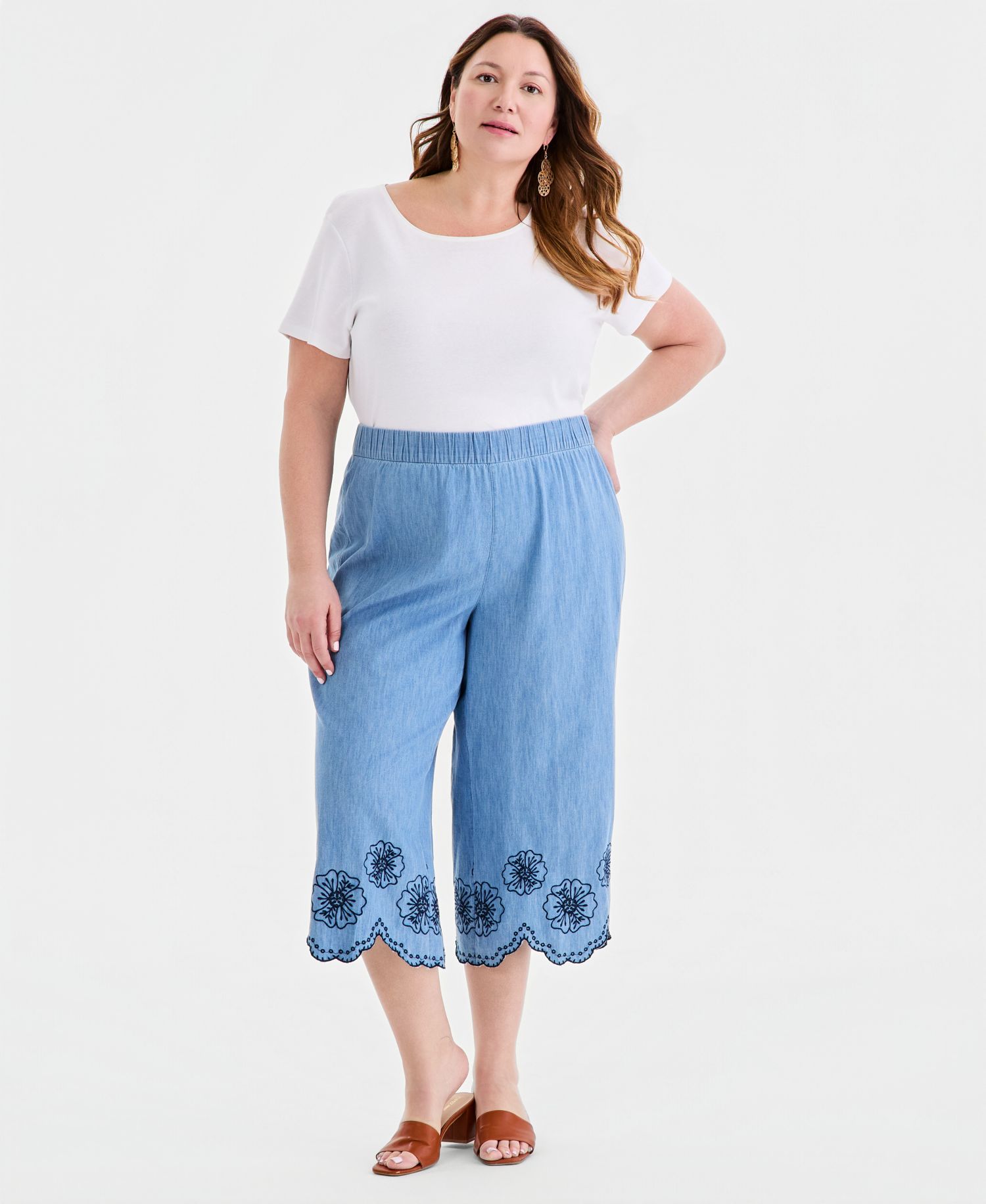 Plus Size Cotton Chambray Embroidered-Hem Capri Pants