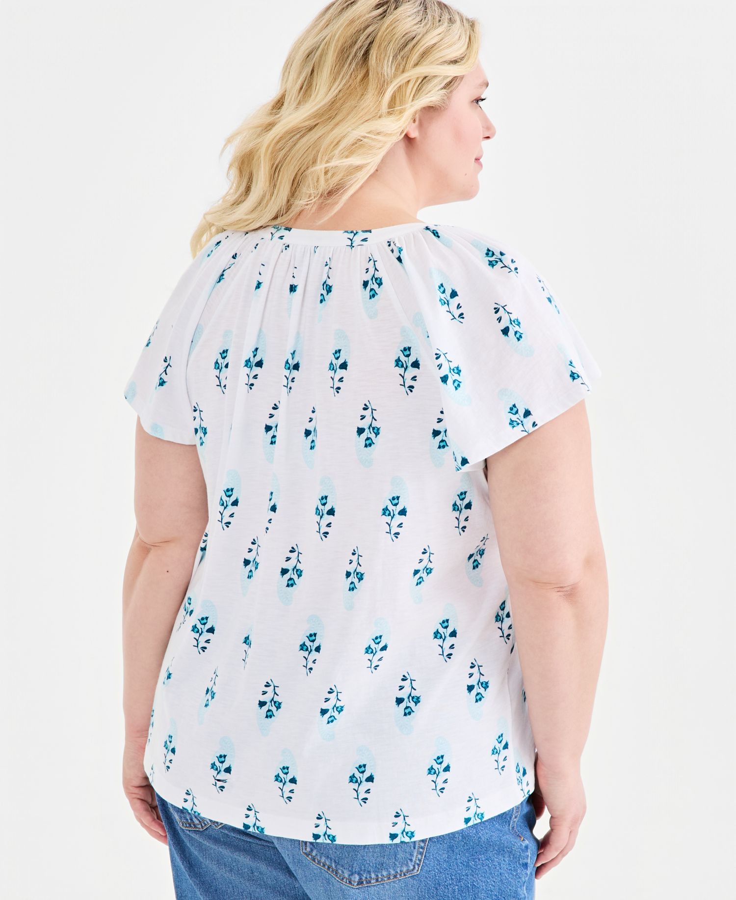 Plus Size Printed Button-Front Flutter-Sleeve Top