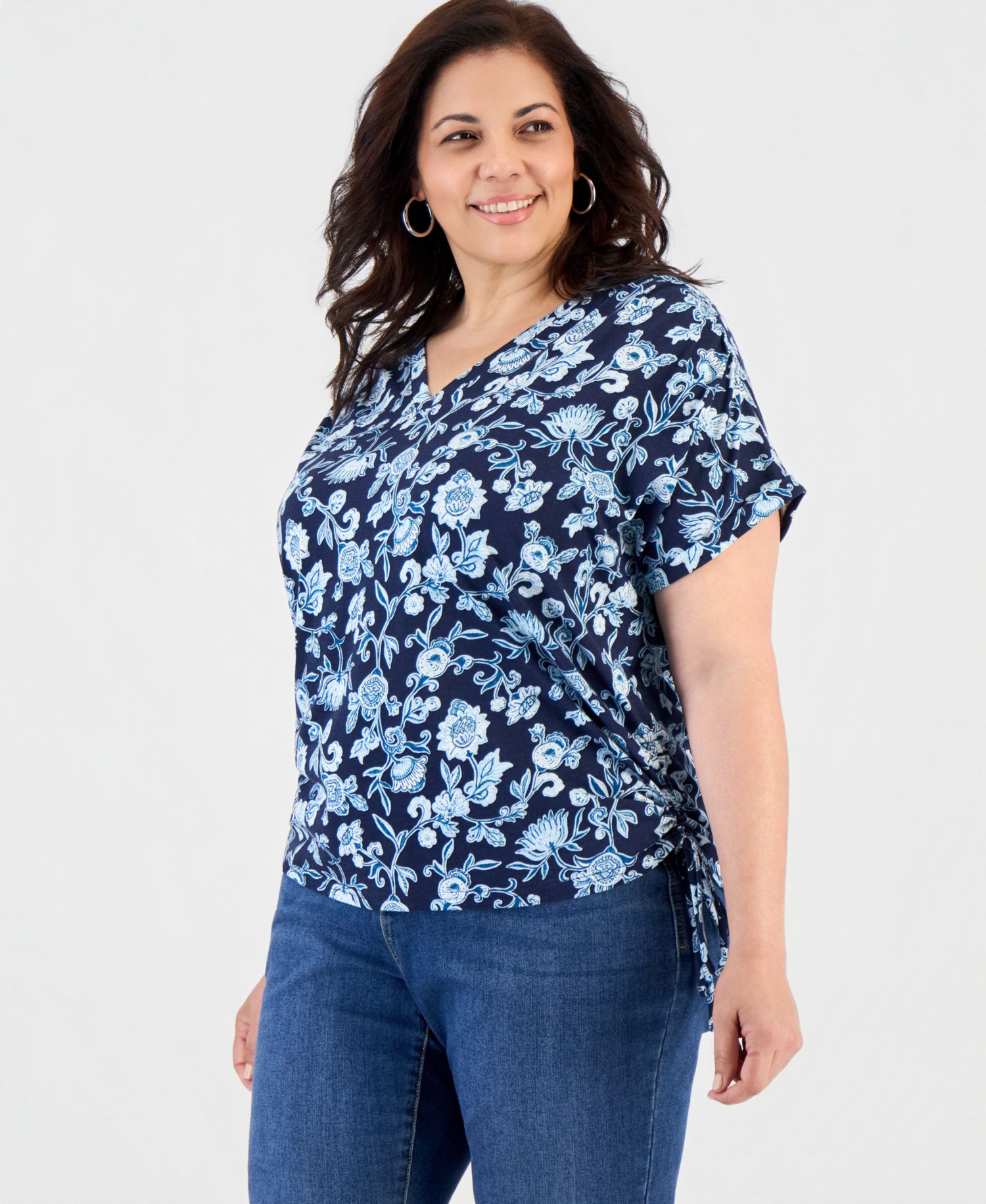 Petite Ruched Tie Fresh Paisley Print V-Neck Top