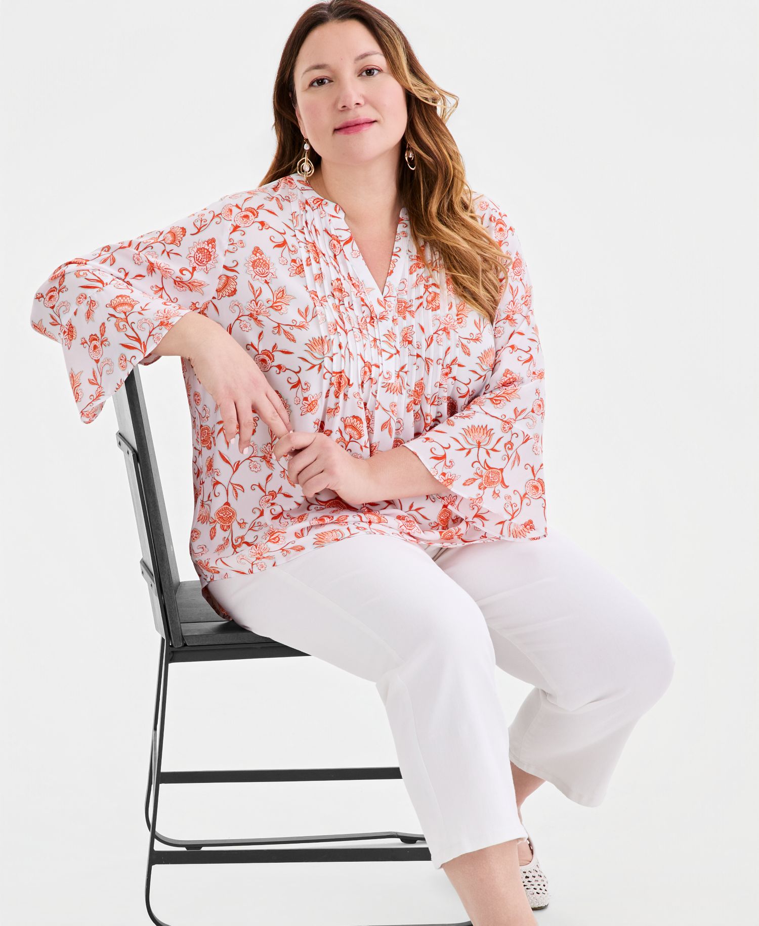 Plus Size Printed Pintuck Bell-Sleeve Top