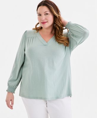 Plus Size V-Neck Smocked-Cuff Long-Sleeve Top