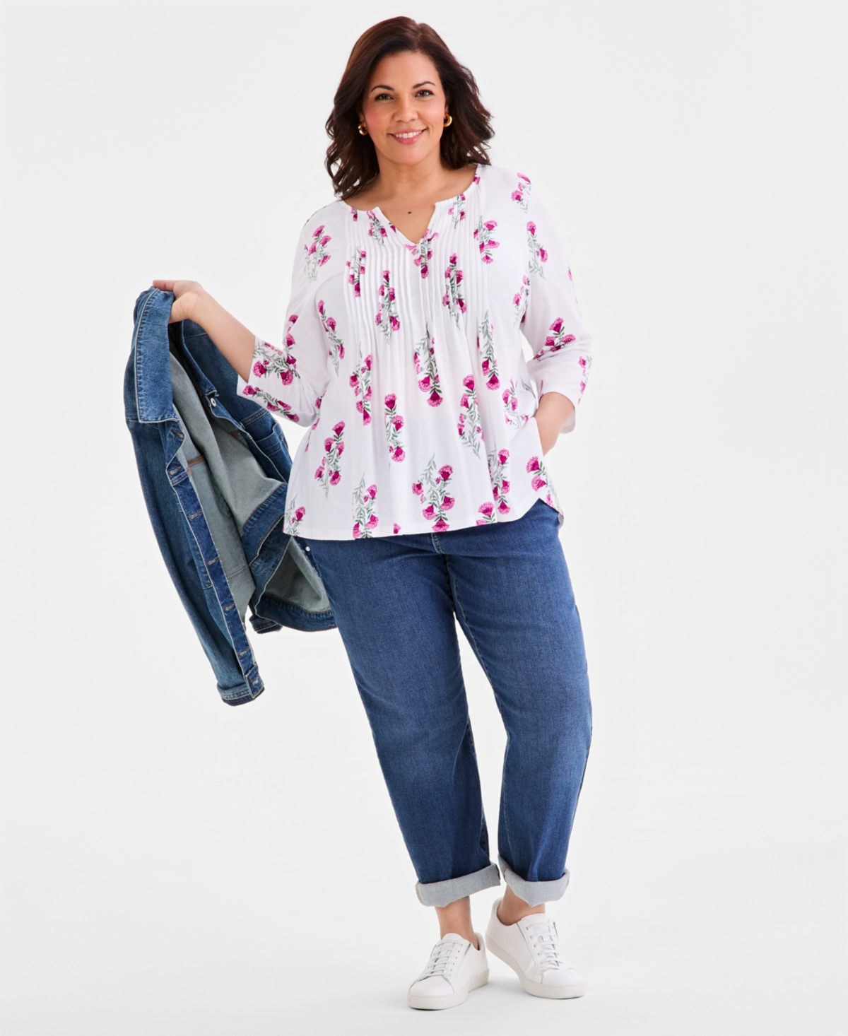 Style & Co Plus Pintucked Split-Neck 3/4-Sleeve Top, Macy's Exclusive
