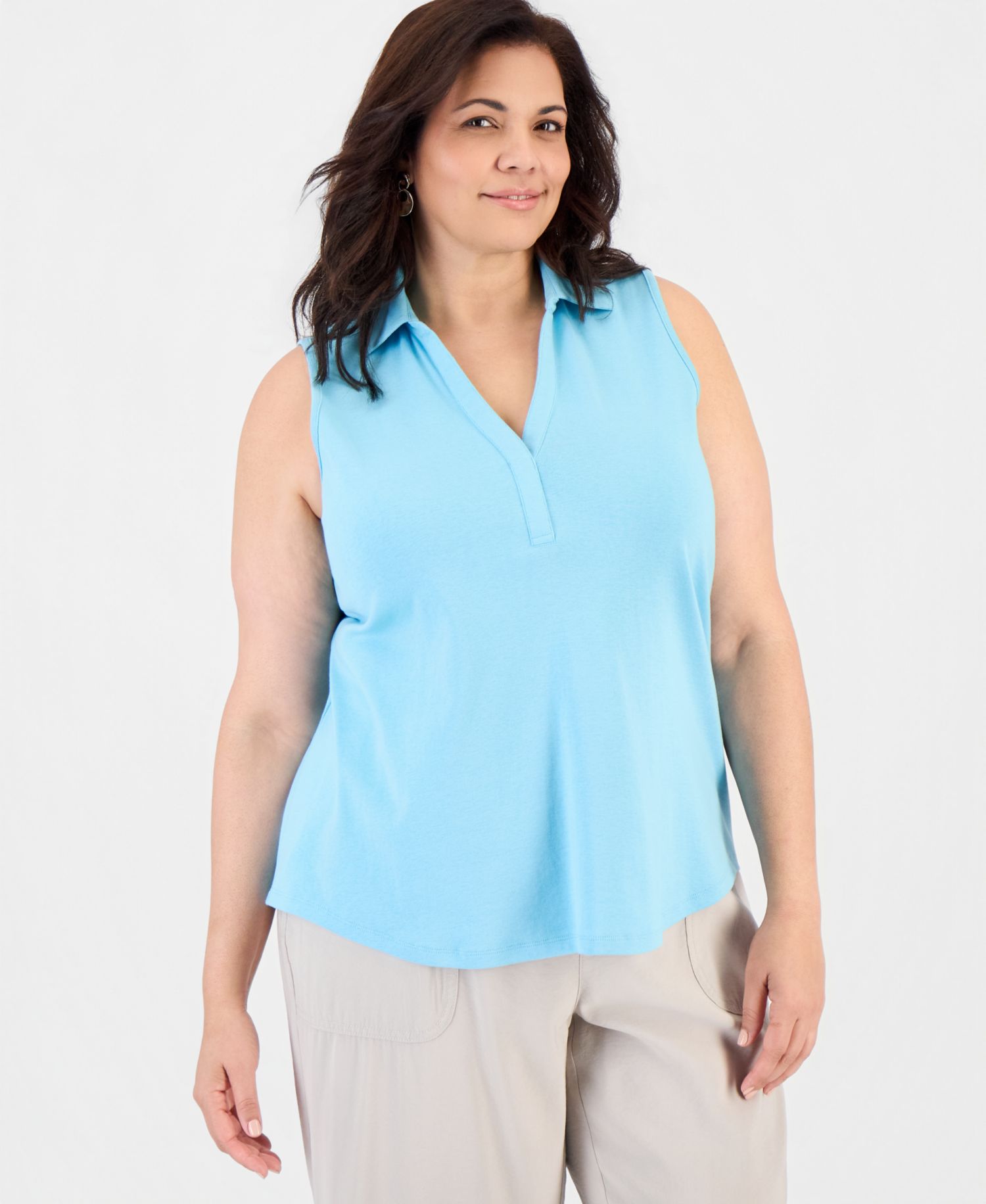 Plus Size Cotton Johnny-Collar Sleeveless Top