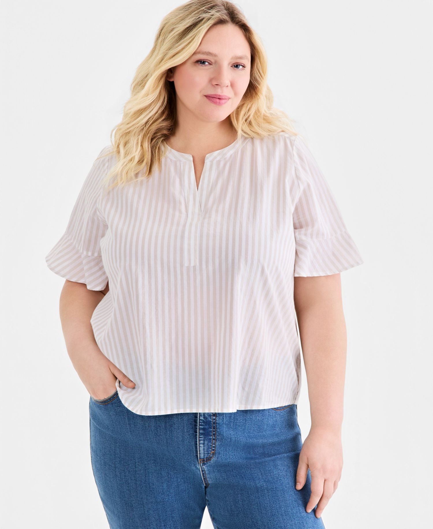 Plus Size Striped Cotton Split-Neck Popover Top