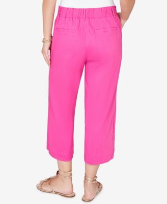 Petite Stretch Linen Wide-Leg Fly-Front Capri Pants