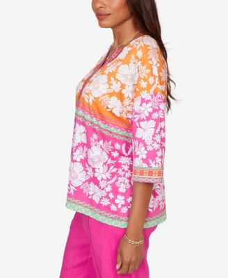 Petite Embroidered Placket Patchwork Knit Top