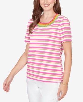 Petite Crochet Neck Stripe Knit T-Shirt