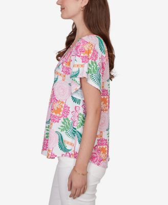 Petite Tropical Floral Eyelet Flutter Sleeve T-Shirt