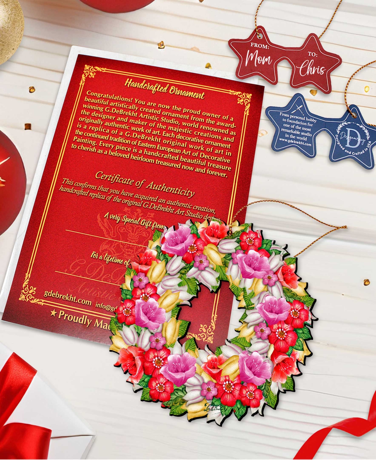 Designocracy Love You Flowers Wreath Holiday Ornaments, Set of 2