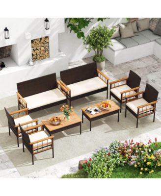 8 PCS Wicker Furniture Set with Acacia Wood Tabletop Armrests Cushions for Backyard