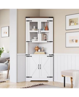 Rustic Farmhouse Tall Corner Storage Cabinet with Glass Doors & Adjustable Shelves, Corner Display Cabinet for Kitchen