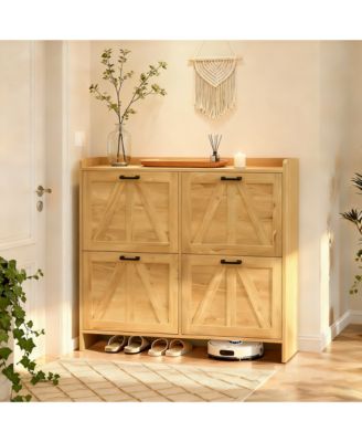 Modern Farmhouse Shoe Cabinet - 4 Flip Drawers and Adjustable Shelves, Entryway Organizer for Living Room, Hallway, Light Oak
