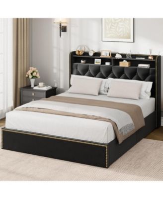 Upholstered Size Bed Frame with Storage Drawers, Velvet Platform Bed with Tufted Headboard and Nailhead Trim Design, No Box Spring Needed