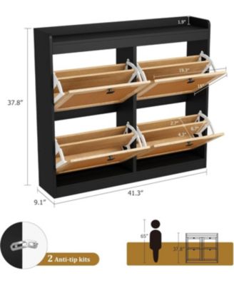 Shoe Cabinet with 4 Deep Flip Drawers Base Freestanding Wooden Shoe Storage Cabinet with Rattan Door