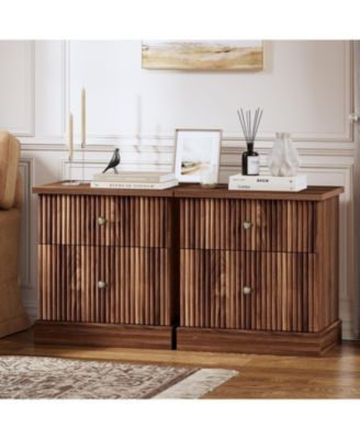 Fluted Nightstand with Drawers, Mid Century Modern Bedside Table, Brown Nightstand with Storage