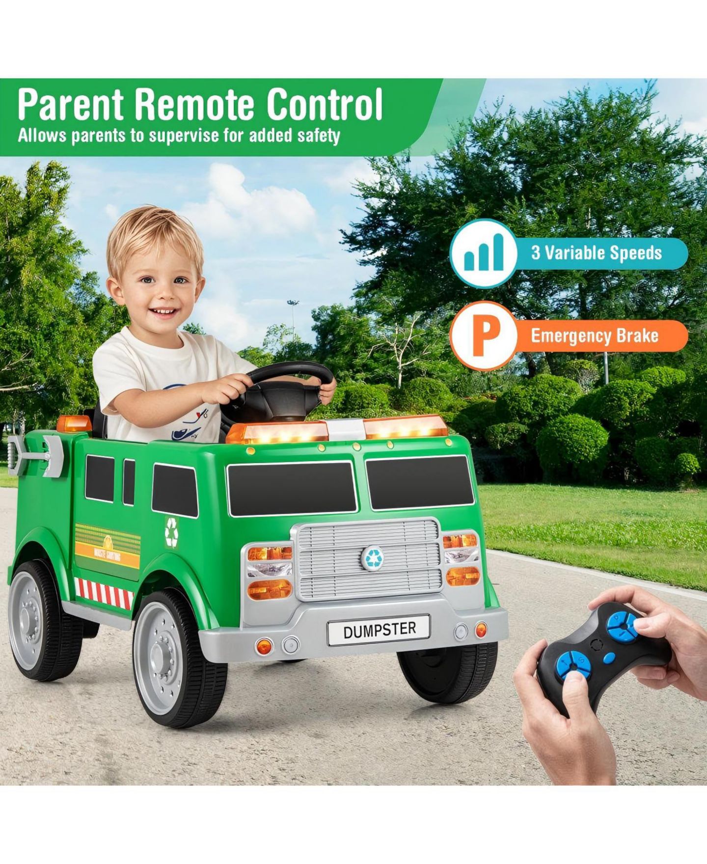 Детская игрушка HONGGE 12V Battery-Powered Electric Vehicle with Remote Control and Trash Bin, цвет: Зелёный — фото 2