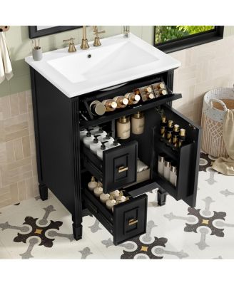Bathroom Vanity with Sink, Freestanding Solid Wood & MDF Cabinet, Flip Drawer & Adjustable Shelf for Storage