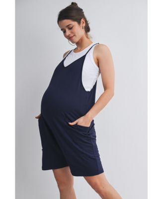 Maternity Sleeveless Loose Fit V-Neck Romper with Pockets and Adjustable Straps