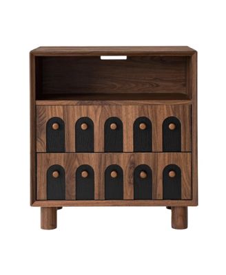 Modern Mid-Century Nightstand with 2 Drawers, Solid Wood Bedside Table with Charging Station, Curve Mirror Design, End Table for Bedroom