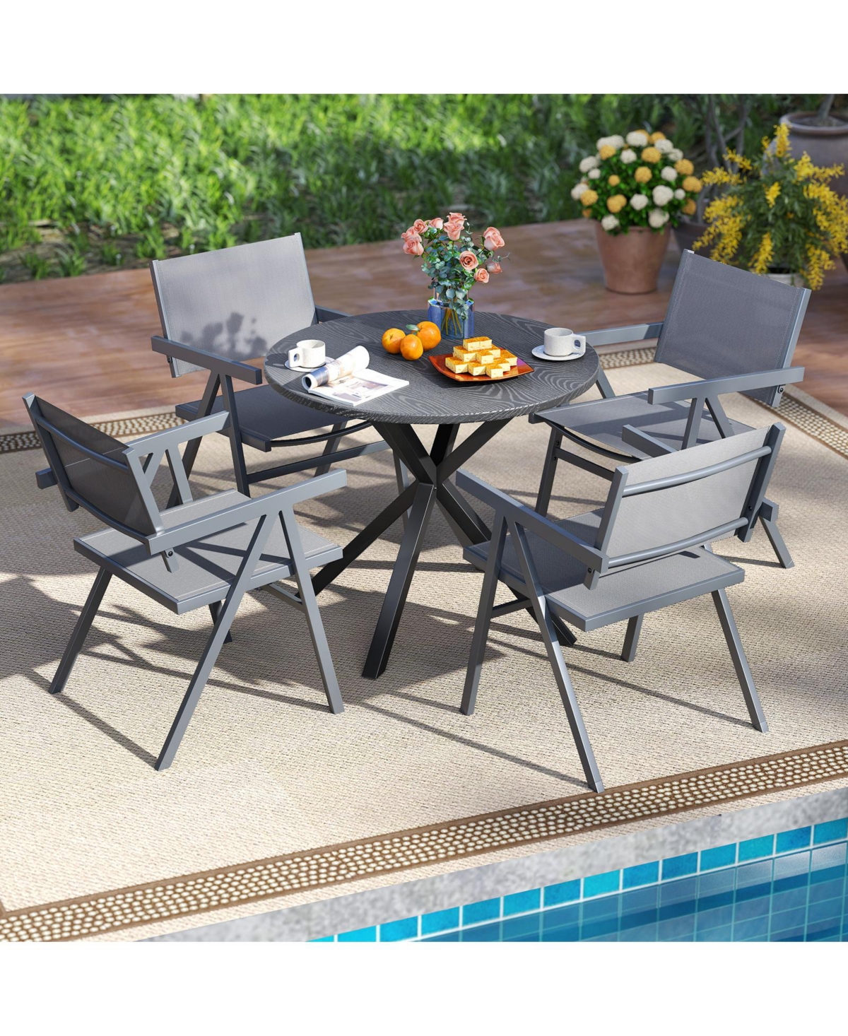 Gymax Patio Chairs Set of 4 w/Breathable Fabric Seat & Tilt Backrest Comfy Armrest