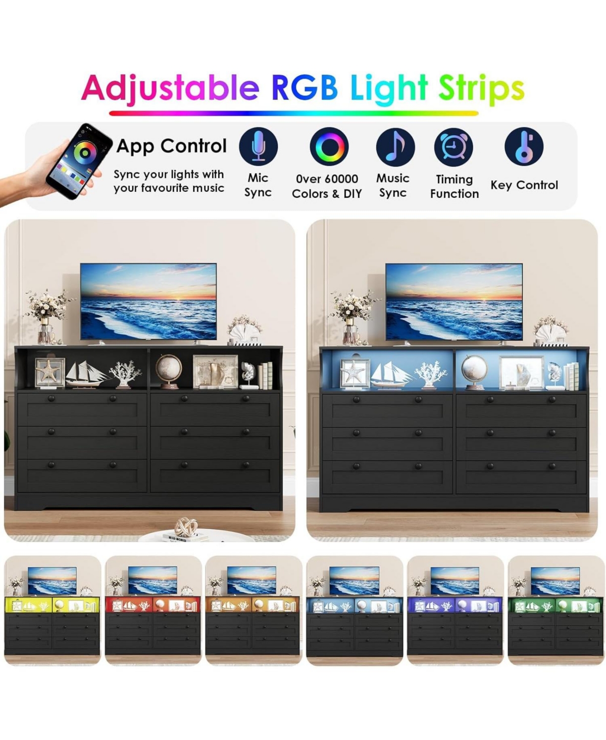 gaomon 6 Drawer Dresser for Bedroom, with Rgb Led Lights & Power Outlet, 55" Wide Chests of Drawers Dresser Tv Stand for 55 Inch Tv