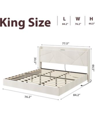  Floating Bed Frame with LED Lights Charging Station Storage Headboard Folding Shelves No Box Spring