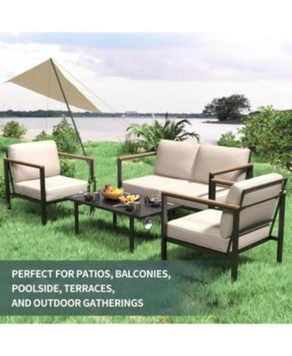 4Pcs Metal Outdoor Patio Furniture Set All Weather Outdoor Conversation Set with Thick Cushions and Coffee Table Ideal for Backyard