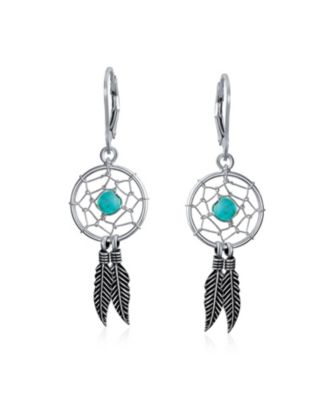 Native American Style Turquoise Dream Catcher Feather Leaf Dangle Earrings Sterling Silver