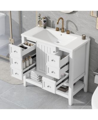 36" Bathroom Vanity with Ceramic Sink, Solid Wood Cabinet, 3 Drawers & Adjustable Shelf for Modern Bathrooms