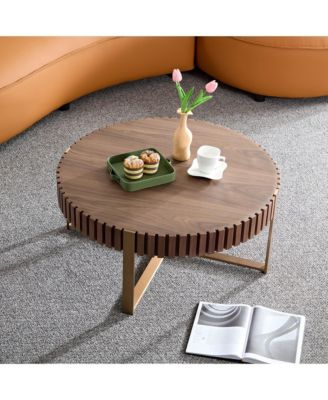 Modern Drum Coffee Table, 31.5'' Round Center Table with Fluted Edge and Sturdy Pedestal for Living Room, Office