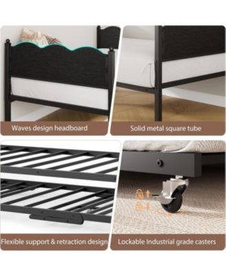 Twin Daybed with Trundle, Metal Frame with Wavy Wood Grain Headboard and Lockable Casters