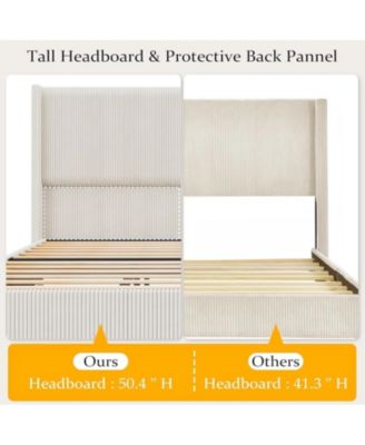 King Size Bed Frame, Corduroy Platform Bed Frame with 50'' Tall Wingback Headboard, Sturdy Wooden Slats Support, Noise Free