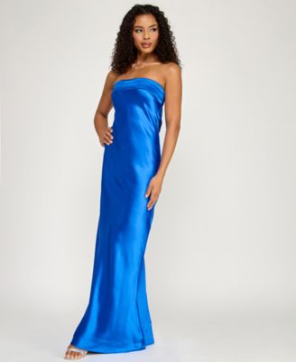 Juniors' Strapless Drape-Back Satin Gown