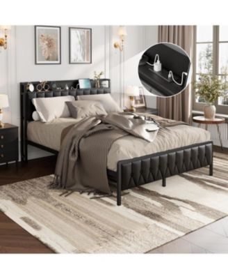  Platform Bed Frame with Charging Station, Upholstered Storage Button Headboard & Footboard, PU Leather Button-Tufted Design