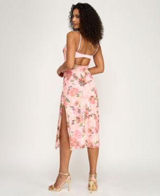 Juniors' Floral Peek-a-Boo Bra Sweetheart Neck Midi Dress