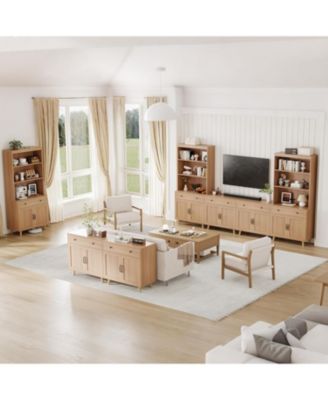 Tall Bookshelf with Storage Cabinet, Wood Bookcase with 4 Doors and 2 Drawer & Open Shelves, Freestanding Display Bookshelves for Home Office