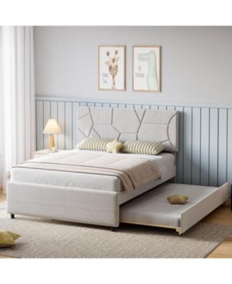 Trundle Bed Combo with Pull-Out Platform, Upholstered Frame with Headboard, Wood Slat Support, Space-Saving