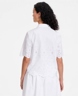 Women's Poplin Eyelet Button Front Shirt