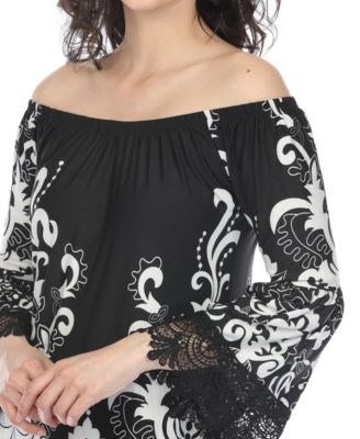 Women's Off-The-Shoulder Printed Bell-Sleeve Lace Hem Dress