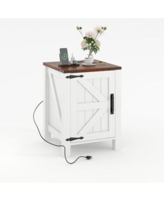 Bedside Table with USB Charging Station – 18" Rustic Bedside Table with Sliding Barn Door, Adjustable Shelf