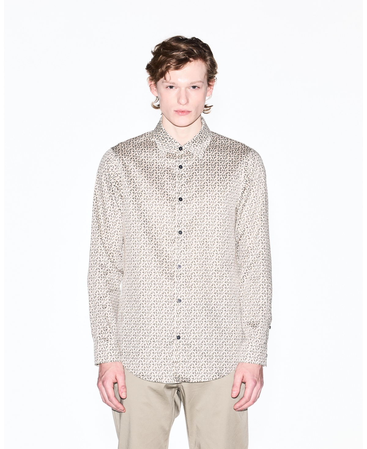 A|X Armani Exchange Men's Long Sleeve Cotton Satin Allover logo Print Shirt - Cream Print
