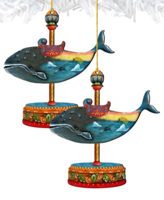 Carousel Whale Christmas Wooden Ornament, Set of 2