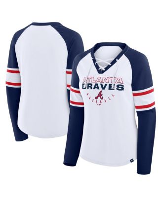 Women's White/Navy Atlanta Braves Blitz Package Raglan Lace-Up V-Neck Long Sleeve T-Shirt