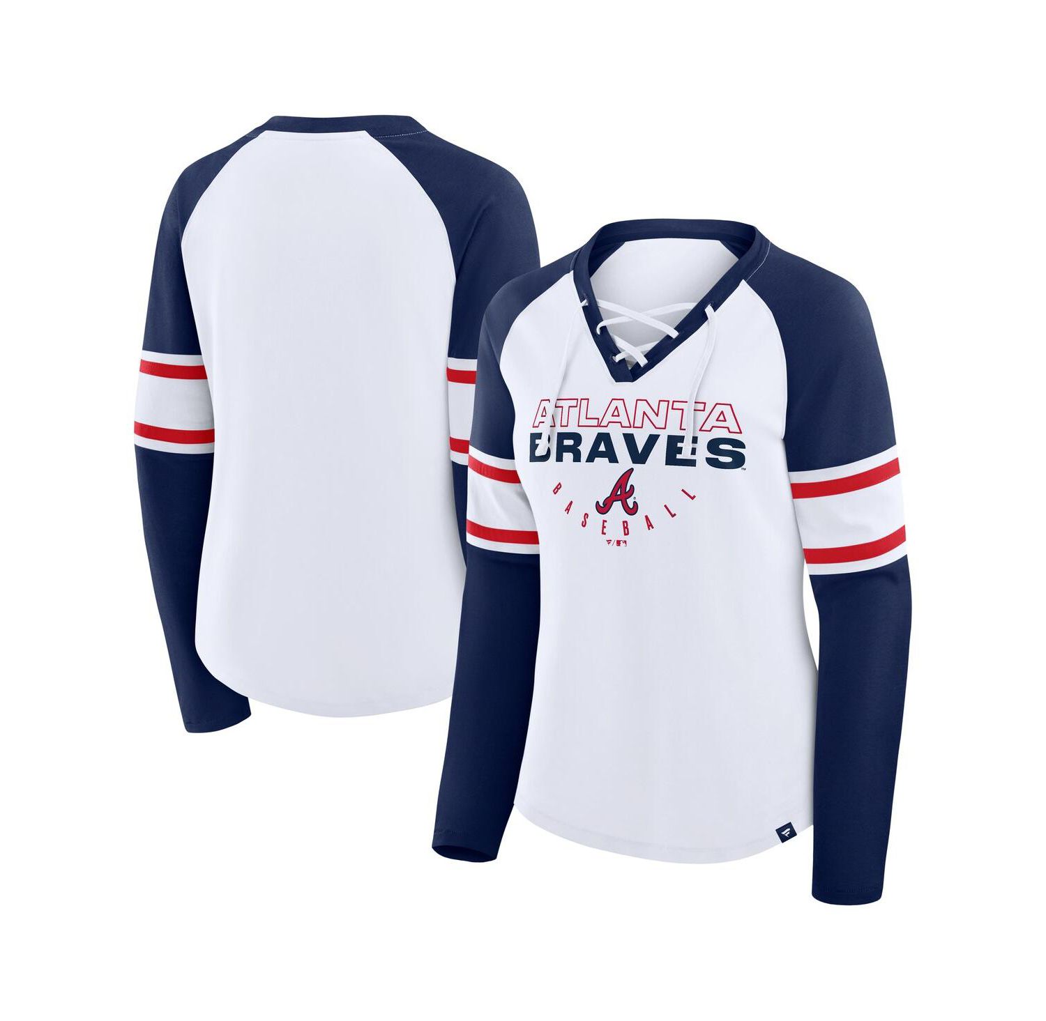 Women's White/Navy Atlanta Braves Blitz Package Raglan Lace-Up V-Neck Long Sleeve T-Shirt